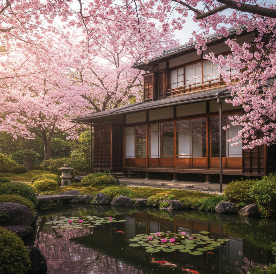 Akiya japonaise avec un étang devant, et entourée de cerisiers du Japon en fleur