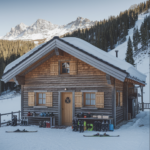 Chalet sous la neige avec des skis et des chaussures de skis posés devant